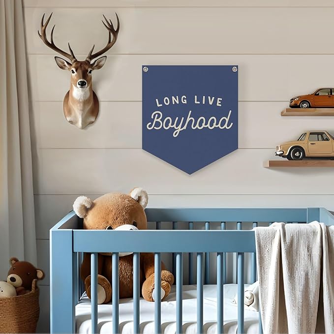 Lacama Vintage Room Decor,Long Live Boyhood Linen Banner,Boy Bedroom Wall Hanging Banner Pennant Flag Decor for Nursery Playroom Toddler Nursery Decor Kids Room,12.4x14 in(Navy blue)