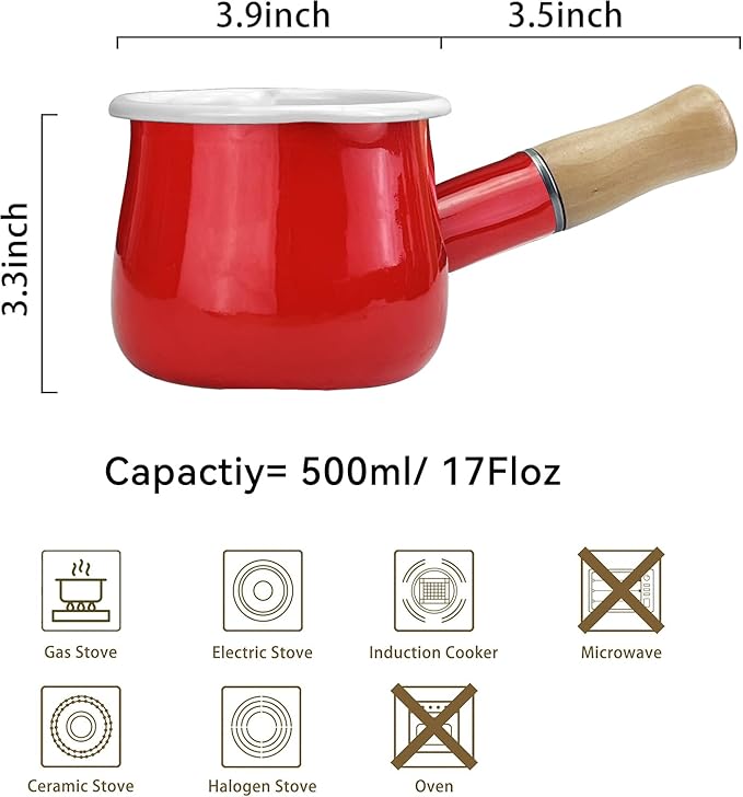 Mini Enamel Milk Pot 4 Inch 17 Oz Dual spout with Wooden Handle, Small Sauce Pan Perfect Size for Heating Smaller Liquid Portions (Red）