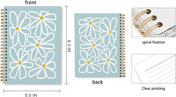 Tizzer Retro 70s Groovy Daisy Flower Light Blue Lined Hardcover College Ruled Spiral Notebook Journal for Work Notes Journaling 5.5×8.3 Inch,Gifts for Flower Lovers Women Teen Girls