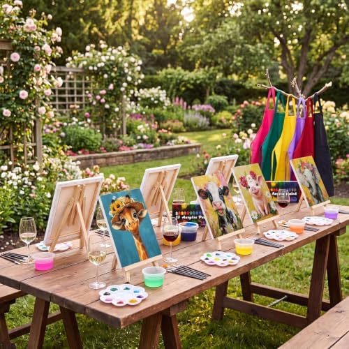 Cholemy 6 Set Paint and Sip Kit for Adults 8"x 10" Pre Drawn Canvas Painting with Wooden Easel Acrylic Paint Wash Cup Brushes Palette Apron for Painting DIY Adult's Date Party Supplies(Flower Animal) - Image 2