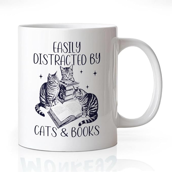Easily Distracted By Cats Books Coffee Mug, Cute Cats and Books Theme Gifts for Cat Book Lover Reader Bookworm, Birthday Christmas Gifts for Book Club Member Librarian Bibliophile Friend