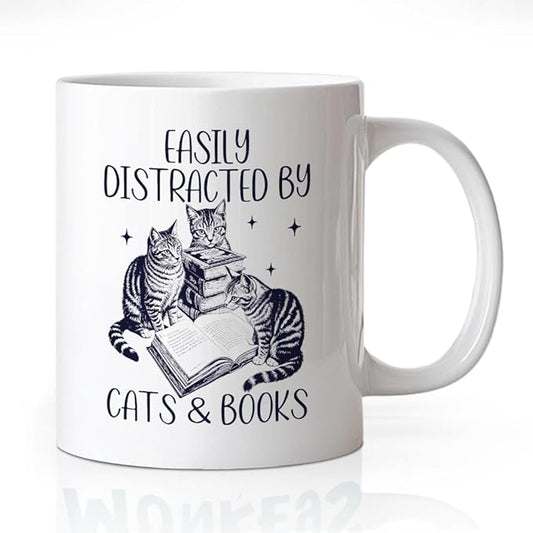 Easily Distracted By Cats Books Coffee Mug, Cute Cats and Books Theme Gifts for Cat Book Lover Reader Bookworm, Birthday Christmas Gifts for Book Club Member Librarian Bibliophile Friend