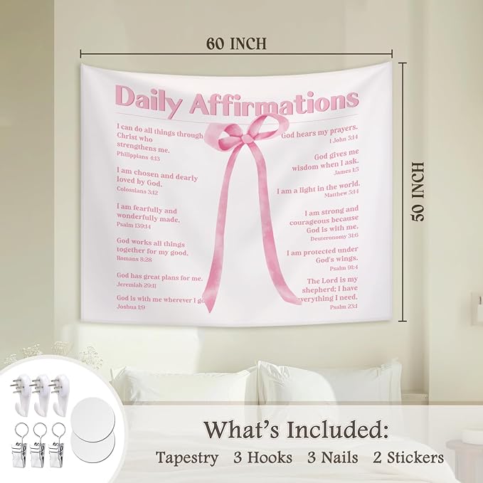 STHTTSW Pink Coquette Bow Dorm Tapestry Aesthetic, Daily Affirmations Tapestries Wall Blanket, Pink Wall Hanging Decor for Teen Girl Women School Counselor Therapy Office, 50x60 Inch