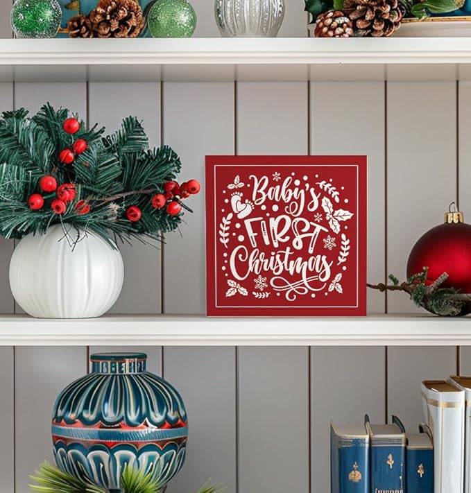 Baby's First Christmas Wooden Box Sign, Baby's First Christmas Ornament Gifts for Toddler Boy Girl, My First Holiday Milestone Decorative Signs, Newborn Baby Keepsake Gifts, 5x5 Inch
