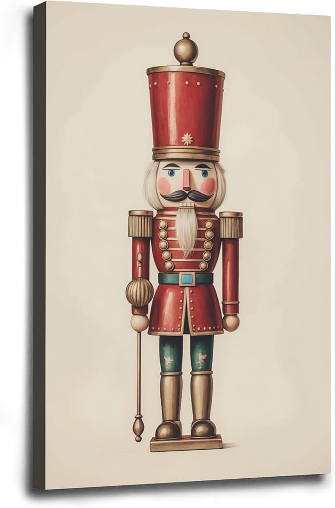 Nutcracker Christmas Wall Art Festive Christmas King Holiday Print Classic Soldier Nutcracker Vintage Holiday Canvas Painting Indoor Decor for Home Offices Living Room Bedroom Framed Ready to Hang
