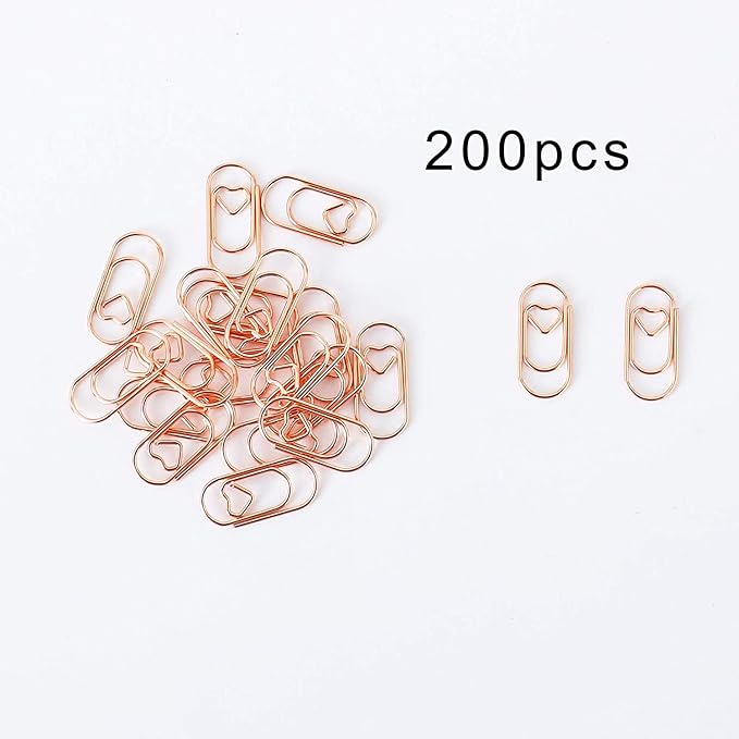 200 Pcs Small Rose Gold Paper Clips Love Heart Shaped Paperclips Stainless Steel in Tinplate Paper Clips Holder for Office School Home Desk Organizers