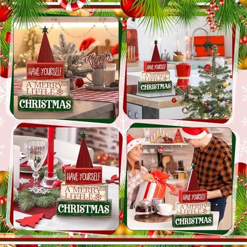 Moucuny 4 Pcs Christmas Table Decor, Wooden Red Merry Christmas Tree Signs - Image 4