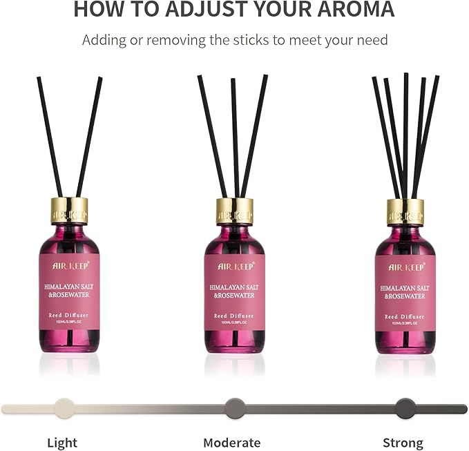 Airkeep Reed Diffuser Set, 3.38 fl oz (100 ml) - Himalayan Sali&Rosewater Oil Diffusers with 8 Reed Sticks, Home Fragrance Reed Diffuser for Bathroom Shelf Decor