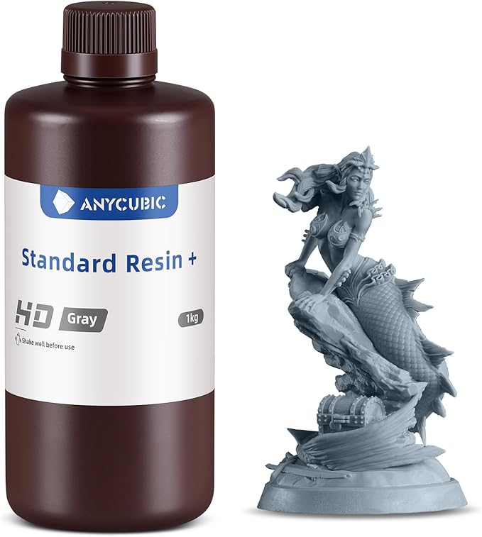 ANYCUBIC Standard 3D Printer Resin Plus, 405nm SLA Fast UV-Curing Resin, High Precision & Rapid Photopolymer for 8K/14K/16K Capable LCD/DLP/SLA 3D Printing (HD Gray, 1000g)