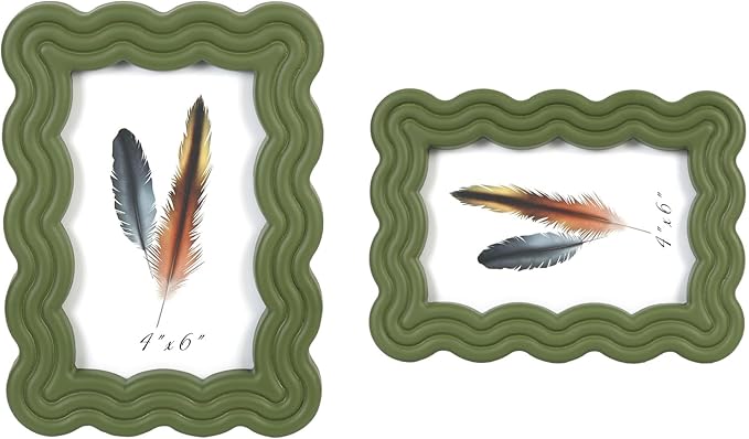 4x6 Picture Frame, Display Pictures 4x6 with Mat, Wavy Edge Wood Photo Frame for Tabletop and Wall Hanging, with Clear Plexiglass for Vertical or Horizontal Display, Green, 1 Pack