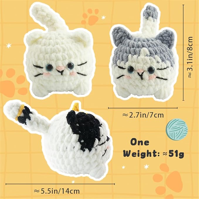 Linhao Jew Crochet Kit for Beginners – Knitting Kits Cute Animal Kitten Keychain with Pre-Started Easy Yarn, Step-by-Step Video Tutorials for Adults & Kids DIY Crafts (Kitten)