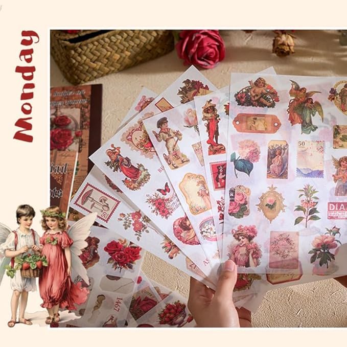 Vintage Stickers for Scrapbooking, Junk Journal - 24 Sheets Washi Sticker, Victorian Journal Stickers Book for Women, Self-Adhesive Scrapbook & Junk Journal Supplies (Red)