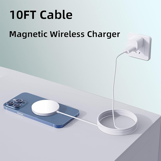 10FT Magnetic Wireless Charger Magnets Charging Pad with 20W USB C Wall Charger Block, for iPhone 17 16 15 14 13 12 Air Pro Max Plus mini/AirPods 2 3 Pro, Slim Portable Magnet Quick Charger-White