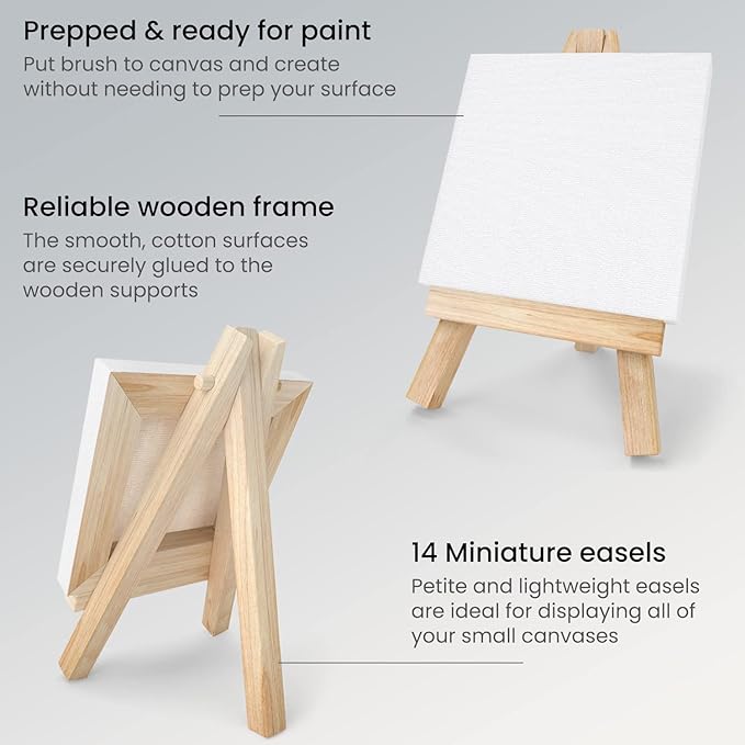 ARTEZA Small Canvases for Painting with Easels, Pack of 14, 3 x 3 Inches, Blank White Canvas for Painting, Art Supplies for Acrylic, Oil and Gouache