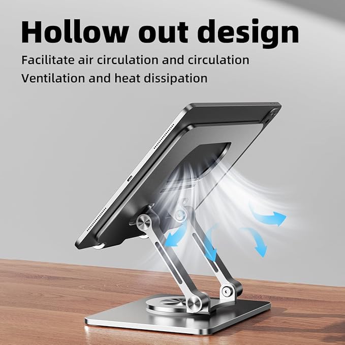 iPad Stand for Desk, Tablet Holder with Thickened 360° Rotating Base Dual Rod Adjustable Aluminum Stand for All 4-12.9’’ iPad Surface Samsung Phone Tablet Kindle E-Reader and More, Silver