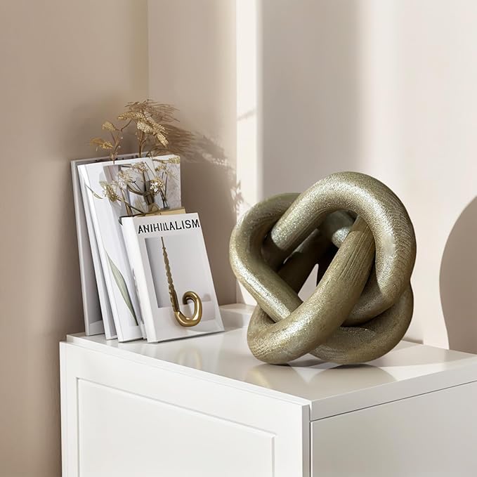 GUDAGUU Wood Knot Decor -Coffee Table Decor Shelf Decor Table Books Hand Carved Home Decoration Boho Country Rustic Modern Shabby Chic Style 3 Link Wooden Knot Chain Link Decor (Champagne)
