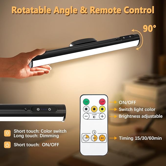 Rechargeable Magnetic LED Light Bar with Remote, Under Cabinet Lighting Wireless, Battery Powered Operated Wall Strip Lights, Dimmable Desk Lamp for Shelf Closet Picture Kitchen - Black