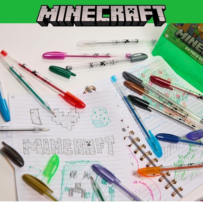 Innovative Designs Minecraft Gel Pens Set for Kids, 24 Pack with Glitter Gel Pens, Cute Pens for Boys and Girls