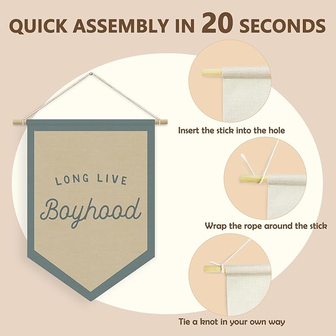 Boys Room Decor, Long Live Boyhood Linen Canvas Banner, Boy Nursery Wall Hanging Pennant Flag Banner for Boys Kids Toddler Room Bedroom Playroom Decor, 15x11in - Blue