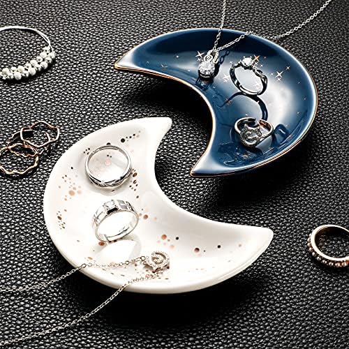 Patelai 2 Pieces Moon Trinket Tray Jewelry Plate Trinket Dish Tray Ring Ceramics Jewelry Dish Gifts for Rings, Earrings, Bracelets, Necklaces, Crystals Stones(Blue, White) - Image 6