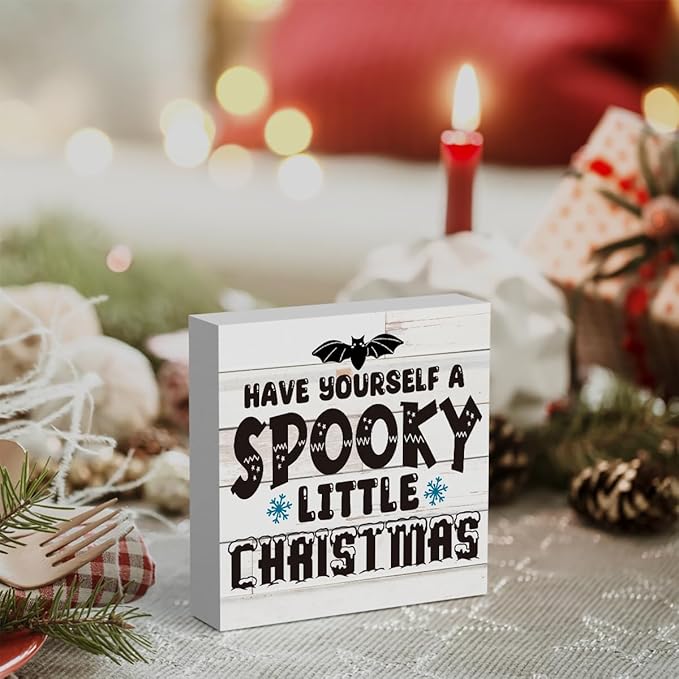 Rustic Winter Have Yourself a Spooky Little Christmas Bat Wood Box Sign, Farmhouse Christmas Santa Artwork Decor, Wood Square Sign Desk Block Signs Home Shelf Office Decoration 5 x 5 Inches