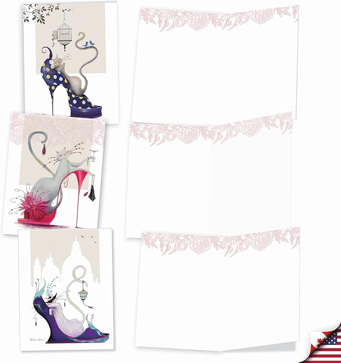 The Best Card Company - 10 Blank Note Cards for Women (4 x 5.12 Inch) - Assorted Fashion Greeting Cards for All Occasions - Catitude Shoes M3324