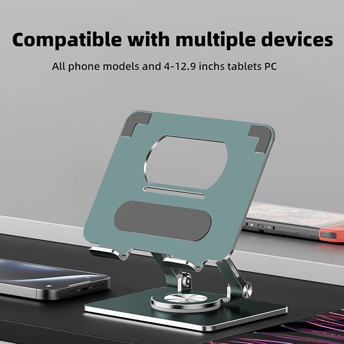 iPad Stand for Desk, Tablet Holder with Thickened 360° Rotating Base Dual Rod Adjustable Aluminum Stand for All 4-12.9’’ iPad Surface Samsung Phone Tablet Kindle E-Reader and More, Space Gray