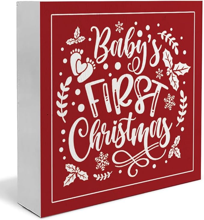 Baby's First Christmas Wooden Box Sign, Baby's First Christmas Ornament Gifts for Toddler Boy Girl, My First Holiday Milestone Decorative Signs, Newborn Baby Keepsake Gifts, 5x5 Inch