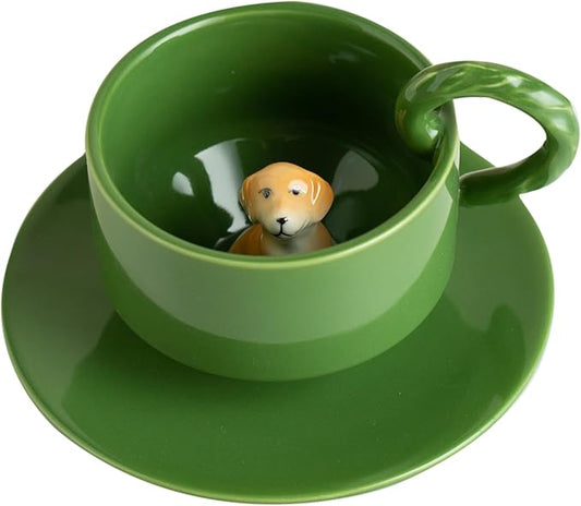 DIHOclub Ceramic Coffee Mug With Saucer 3D Dog Sculpture With Tail Handle - Elegant Office & Gift-Ready Tea Cup for Pet Lovers, Birthday, Christmas (Green Dog)