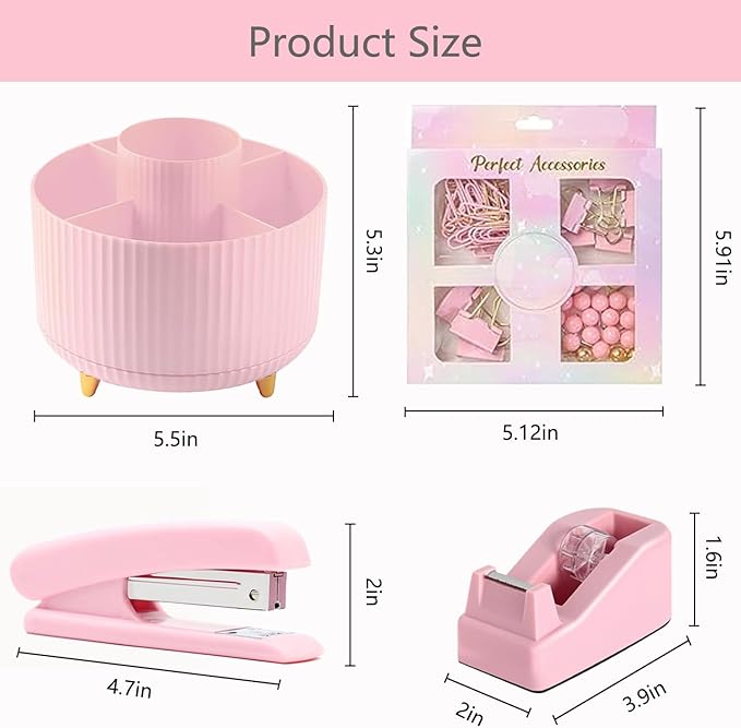 Office Supplies,Desk Accessories,with Stapler,Tape Dispenser,Staple Remover,Scissor,Ballpoint Pen,Sticky Notes,Clear Tape,Staples,Desk Organizer,Ruler,Binder,Best Gift Set(Pink)