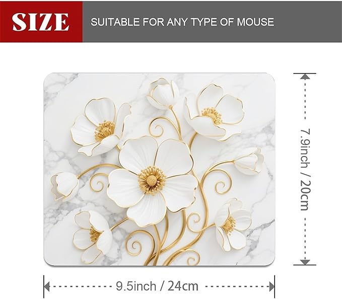 Square Mouse Pad White Marble Flowers, Personalized Premium-Textured Custom Mouse Mat Design, Washable Mousepad Cloth, Non-Slip Rubber Base Computer Mouse Pads for Wireless Mouse