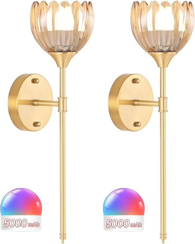 Battery Operated Wall Sconce Set of 2, Amber Tulip Vintage Wall Light Fixture Rechargeable 5000mAh Battery Powered Wall Lamp with Remote for Living Room Bathroom
