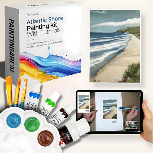 Painting4Real DIY Art Painting Kit for Adults – Learn to Paint Atlantic Coast with Video Tutorials - Step-by-Step Guided 9 Pieces Acrylic Paint Set for Adults - Unique Gift for Art Lovers & Beginners