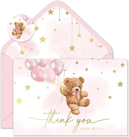 24 Pack Bear Gold Foil Thank You Card Pink Star Balloon Bear Greeting Cards with Envelopes Stickers Blank Note Cards for Birthday Baby Shower, 4 x 6 Inch