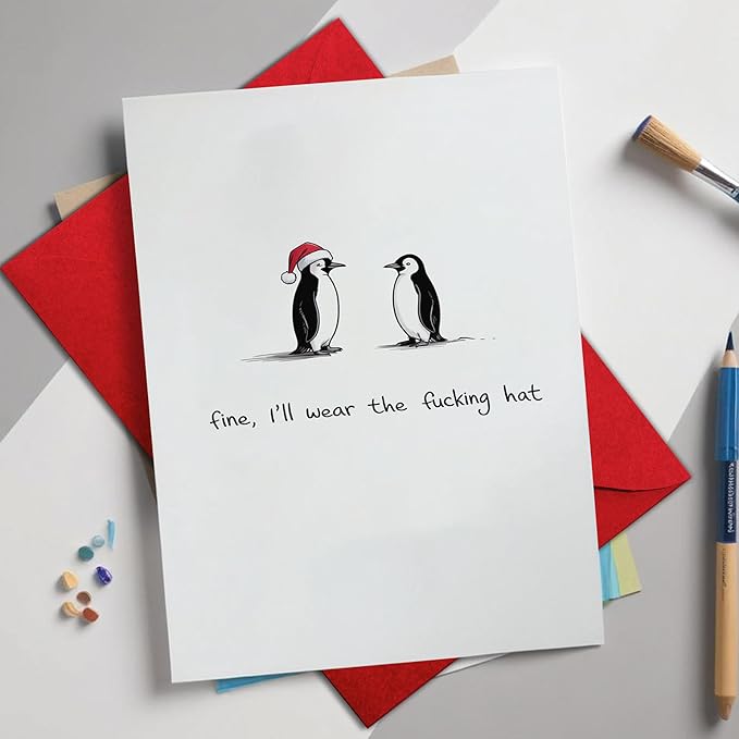 (5.3x8in) Fine I’ll Wear the Hat Funny Penguin Christmas Card with Envelope, Hilarious Adult Holiday Greeting with Swearing Humor, Sarcastic Xmas Card for Friends, Coworkers, Couples (Xmas 36)