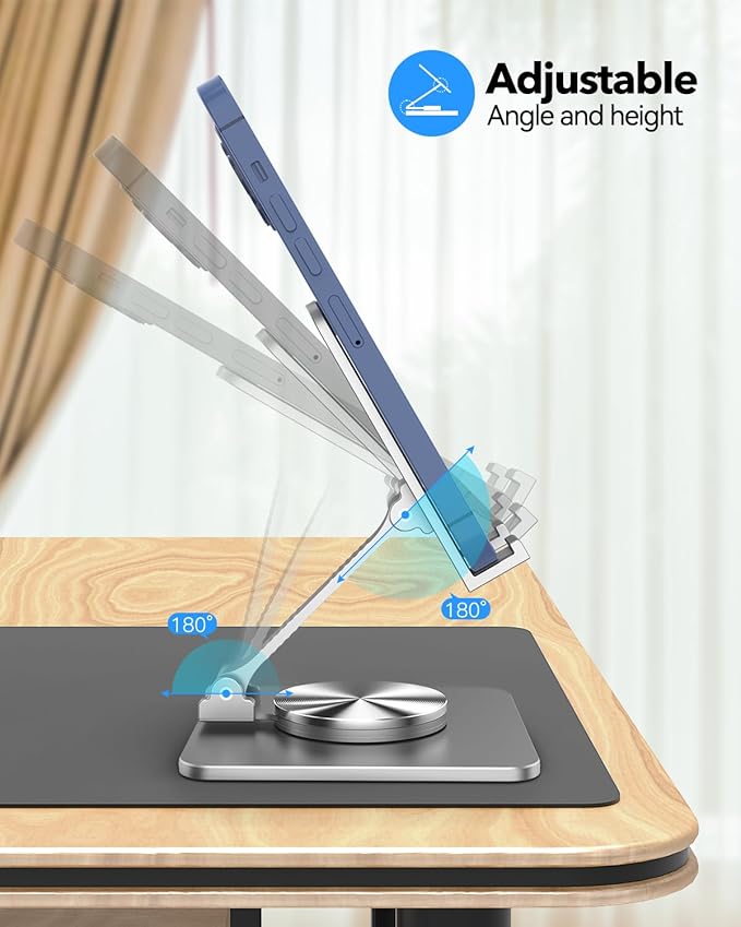 Cell Phone & Tablet Stand for Desk, Aluminum Adjustable Holder for iPhone, iPad & Smartphones || Foldable Mount with 360° Swivel, Stable Base & Portable Design for 4–9.7in Devices, Grey