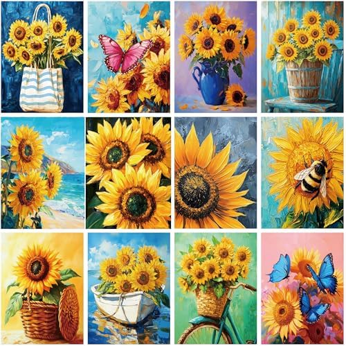 Engrowtic 12 Pcs 8 x 10'' Sunflower Flower Pre Drawn Canvas to Paint Pre Printed Sketched Canvas for Adult Ladies Paint Art Party Favor Board Set for Craft(Vivid Style) by Engrowtic