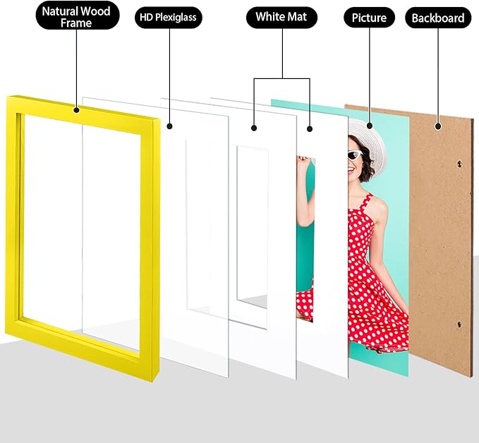 KINLINK 12x16 Picture Frame Yellow, Solid Wood Frames with Acrylic Plexiglass for Pictures 11x14/9x12 with Mat or 12x16 without Mat,Wall Display Photo Frame, Set of 4