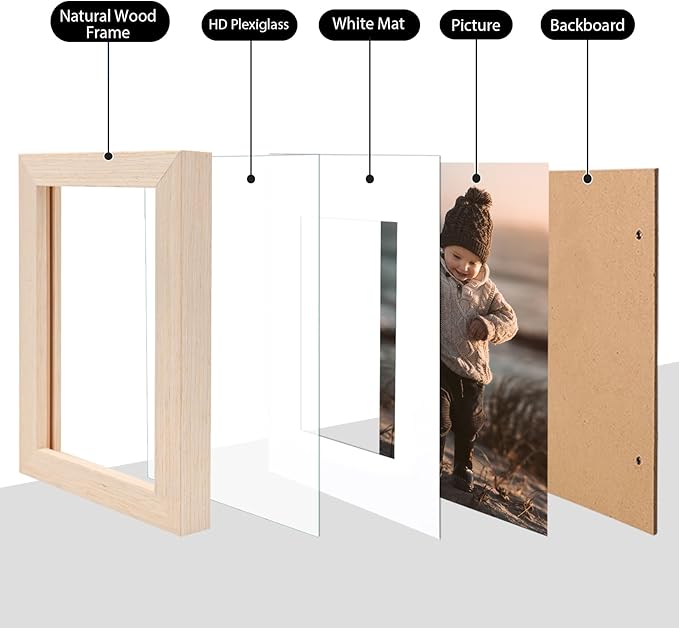 KINLINK 4x6 Frame White Oak, Solid Wood 4 x 6 Picture Frame with Acrylic Plexiglass for 3.5x5 with Mat, Tabletop and Wall Display Photo Frames 4x6 White Oak, 4 Pack