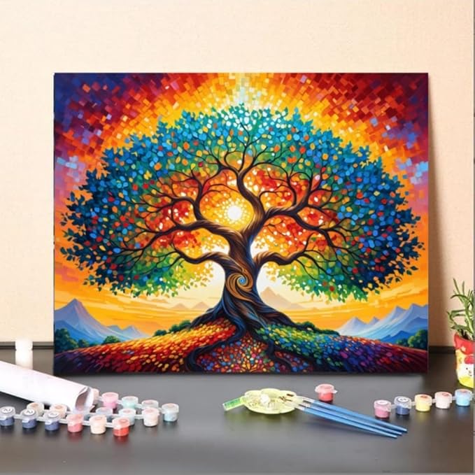 ldazao Tree of Life Paint by Numbers for Adults Beginner Stained Glass Painting Kit Color by Numbers for Adults Canvas DIY Acrylic Adults' Paint-by-Number Kits 20 X 16 Inches