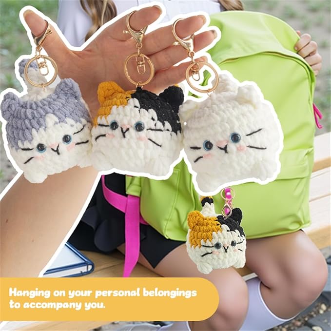Linhao Jew Crochet Kit for Beginners – Knitting Kits Cute Animal Kitten Keychain with Pre-Started Easy Yarn, Step-by-Step Video Tutorials for Adults & Kids DIY Crafts (Kitten)