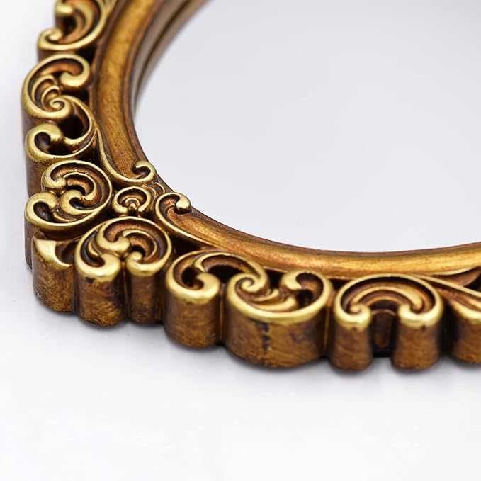 OIGUMR Small Oval Wall Mirror Resin Frame Size：15.7 x 11.2 inch.Vintage Hanging Mirrors for Bedroom Living-Room Dresser Decor Gold