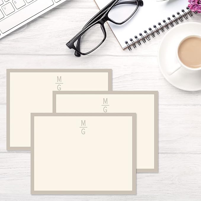 Beige Line Initial on Cream Personalized Note Cards - Set of 24, Envelopes Included, 4.25" x 5.5", Classic Design