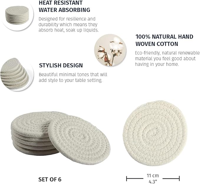 OrganiHaus Drink Coasters Set of 6, Absorbent Cotton Woven Cup Coasters, Rustic Farmhouse Boho Decor for Coffee Table and Drinks Protection, Cute Coaster for Drinks - Off-White