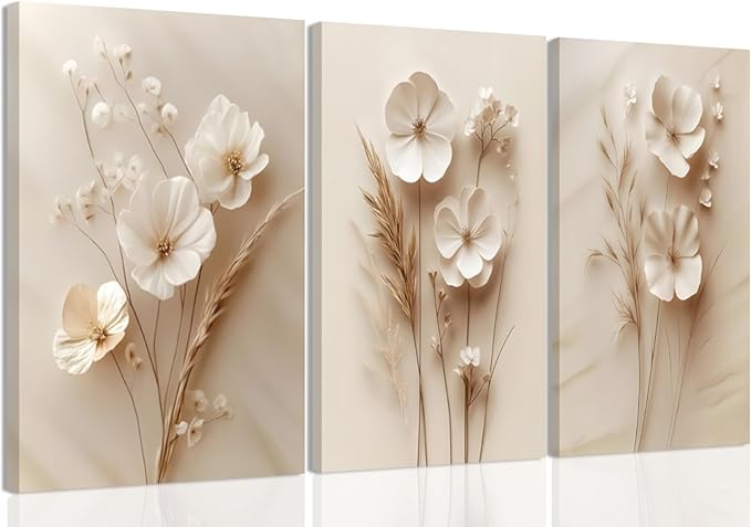 3Pcs Framed Neutral Beige Floral Canvas Wall art Modern Simple Texture Plant Painting Wall Decor Vintage Flower Poster Prints for Living Room Bedroom Farmhouse16x12in Ready to Hang