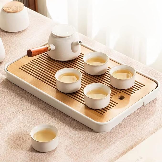 14 Inch Bamboo Chinese Gongfu Tea Tray Table Box with Water Storage for Kungfu Tea Set (Style 5 White)
