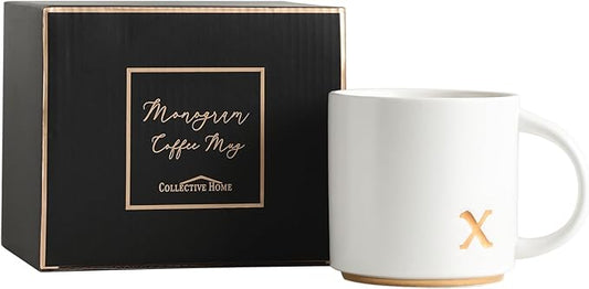 COLLECTIVE HOME - Monogram Ceramic Mugs, 15 oz Golden Initial Coffee Cups, Elegant Alphabet Tea Mugs, Elegant Personalized Mug with Gift Box, Luxurious Cups for Office and Home (x)