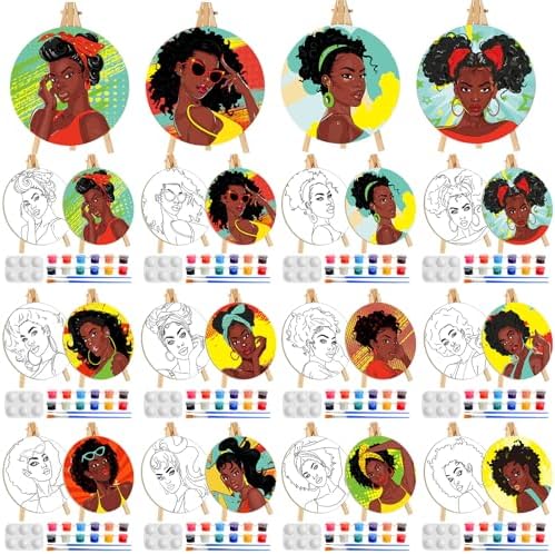 Supervitae 72 Piece Black Girls Round Pre Drawn Canvas Kit 5.9" Paint and Sip Kit for Adults Painting Party Pre Printed Canvas DIY with Pictures Paints Easels Brushes for Party Gifts by Supervitae