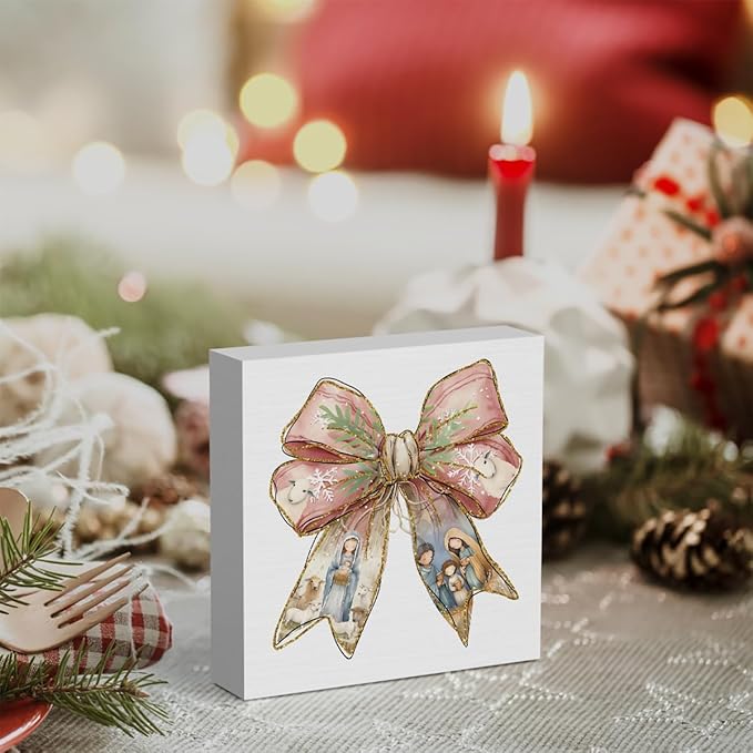 Pink Jesus Christmas Coquette Bow Decor, Pink Christmas Decorations Home Office Decor for Table Shelf 5 x 5 inch