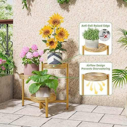 Metal Plant Stand Indoor Outdoor, 3 Tier Corner Plant Shelf for Multiple Plants, Gold Tiered Plant Stand, Heavy Duty Flower Holder, Folding Tall Rack for Garden Patio Balcony - GoldWave - Image 4